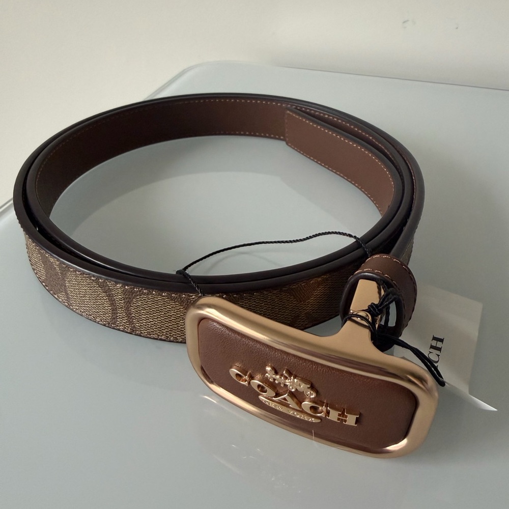 Coach Brown Monogram leather gold Buckle Belt